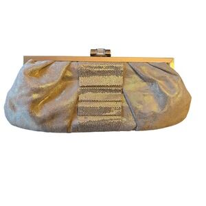 Lulu Townsend Evening Clutch Gold Metallic Mesh Pleated Bow Crystal Clasp Bag